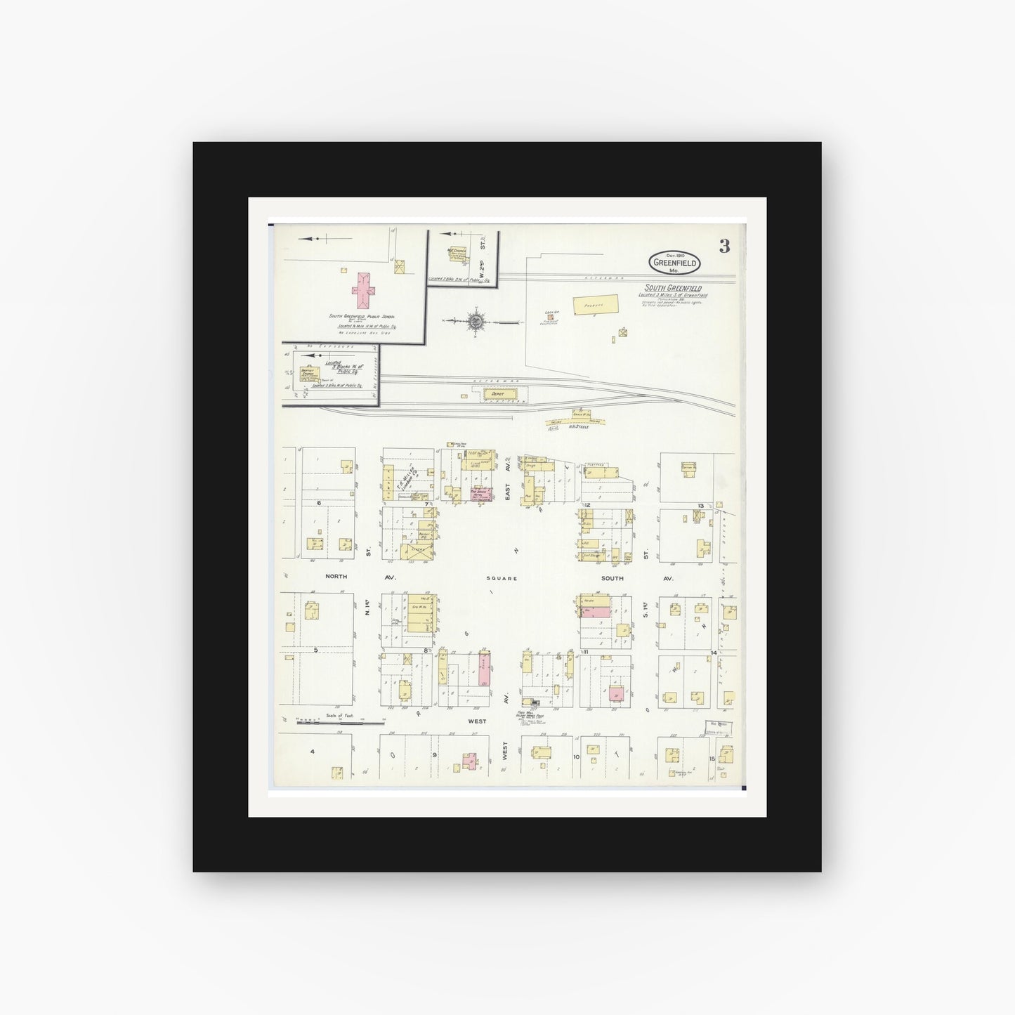 Old map wall art mockup — black gallery frame with white mat — Sanborn Fire Insurance Map from Greenfield, Dade County, Missouri (1910), Sheet #0003