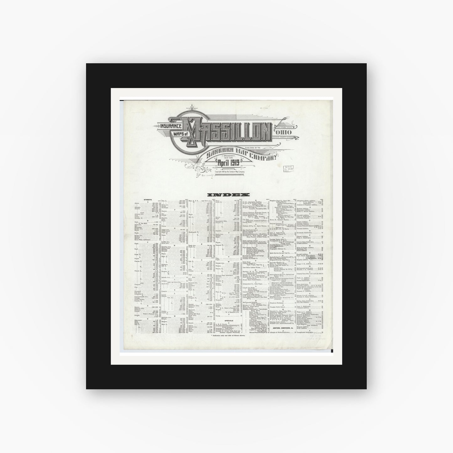 Old map wall art mockup — black gallery frame with white mat — Sanborn Fire Insurance Map from Massillon, Stark County, Ohio (1919), Sheet #0001