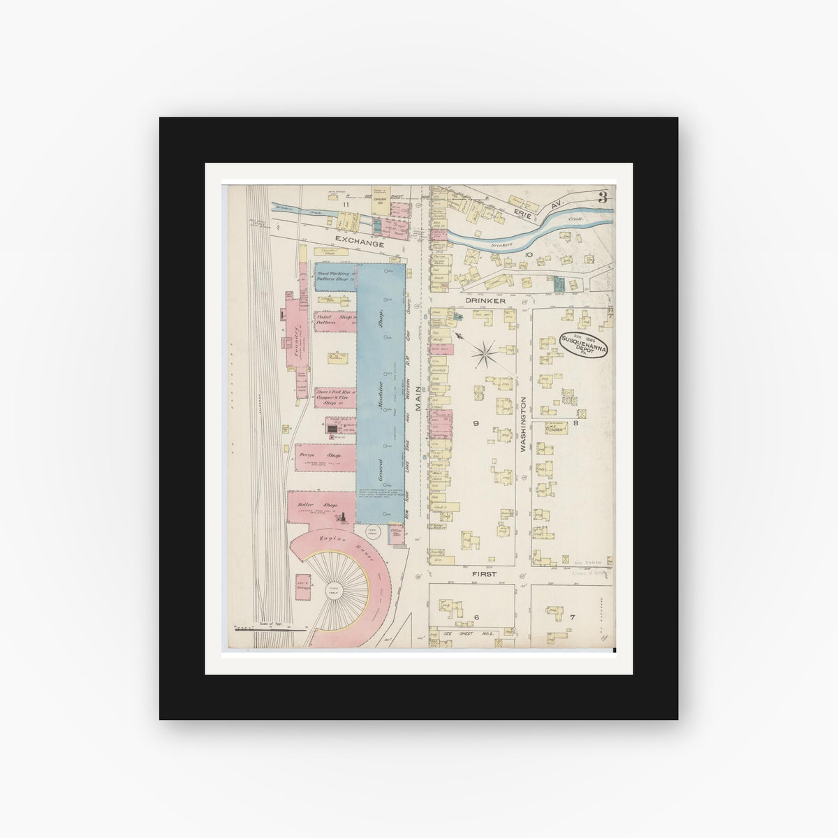 Old map wall art mockup — black gallery frame with white mat — Sanborn Fire Insurance Map from Susquehanna, Susquehanna County, Pennsylvania (1885), Sheet #0003