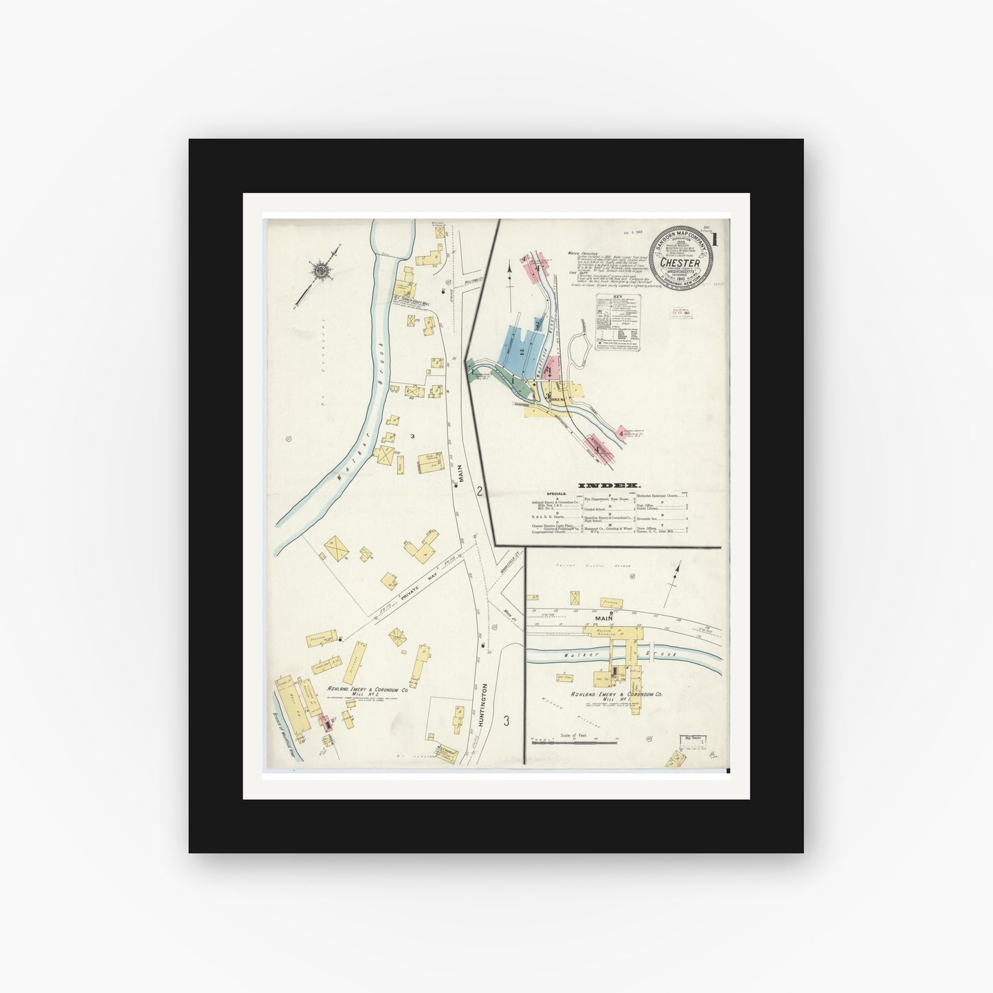 Old map wall art mockup — black gallery frame with white mat — Sanborn Fire Insurance Map from Chester, Hampden County, Massachusetts (1910), Sheet #0001