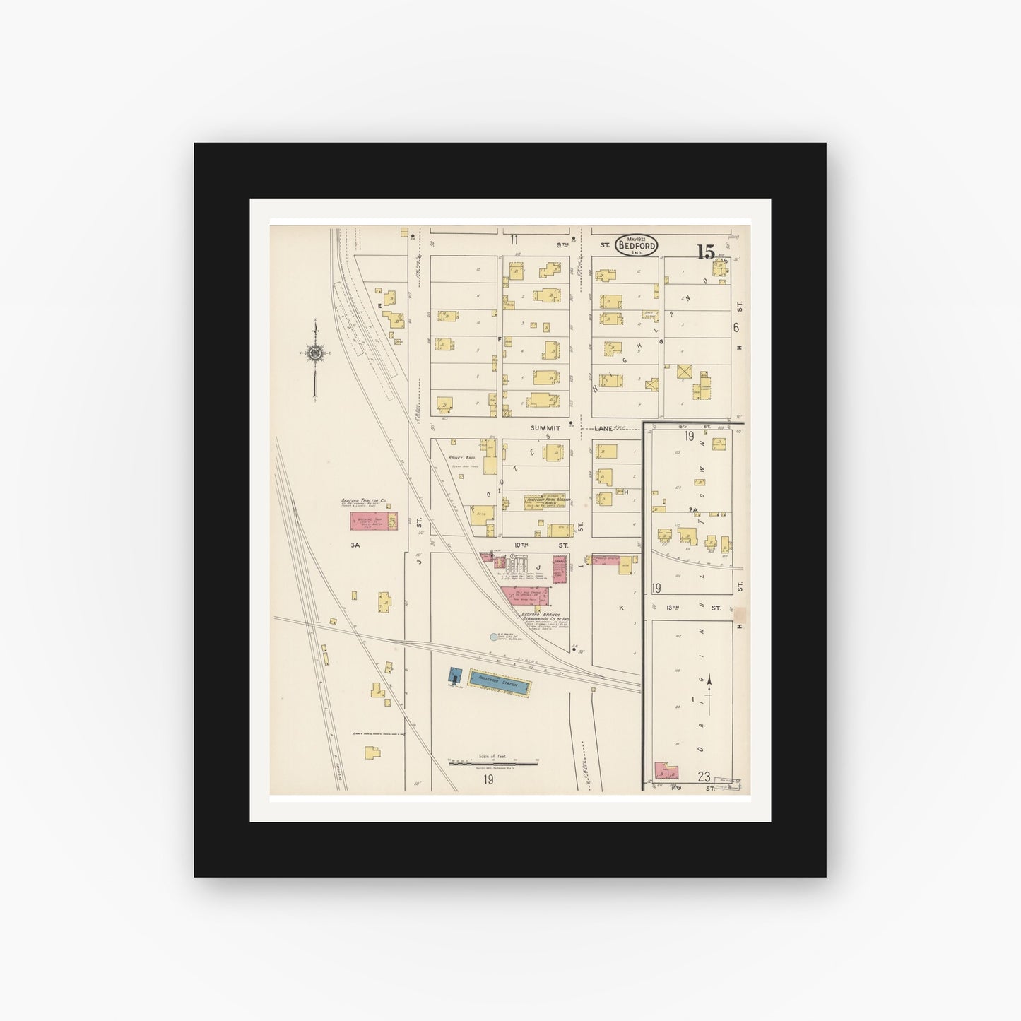 Old map wall art mockup — black gallery frame with white mat — Sanborn Fire Insurance Map from Bedford, Lawrence County, Indiana (1922), Sheet #0015