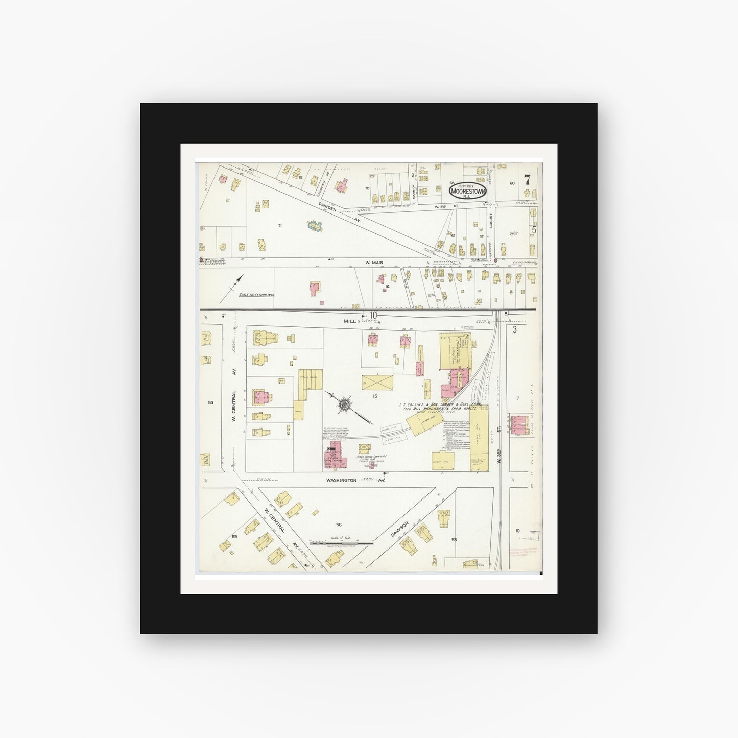 Old map wall art mockup — black gallery frame with white mat — Sanborn Fire Insurance Map from Moorestown, Burlington County, New Jersey (1917), Sheet #0007