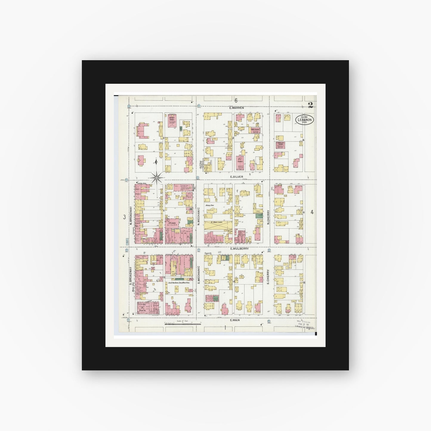 Old map wall art mockup — black gallery frame with white mat — Sanborn Fire Insurance Map from Lebanon, Warren County, Ohio (1901), Sheet #0002