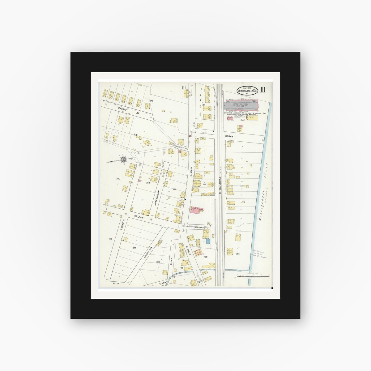 Old map wall art mockup β black gallery frame with white mat β Sanborn Fire Insurance Map from Monongahela City, Washington County, Pennsylvania (1918), Sheet #0011