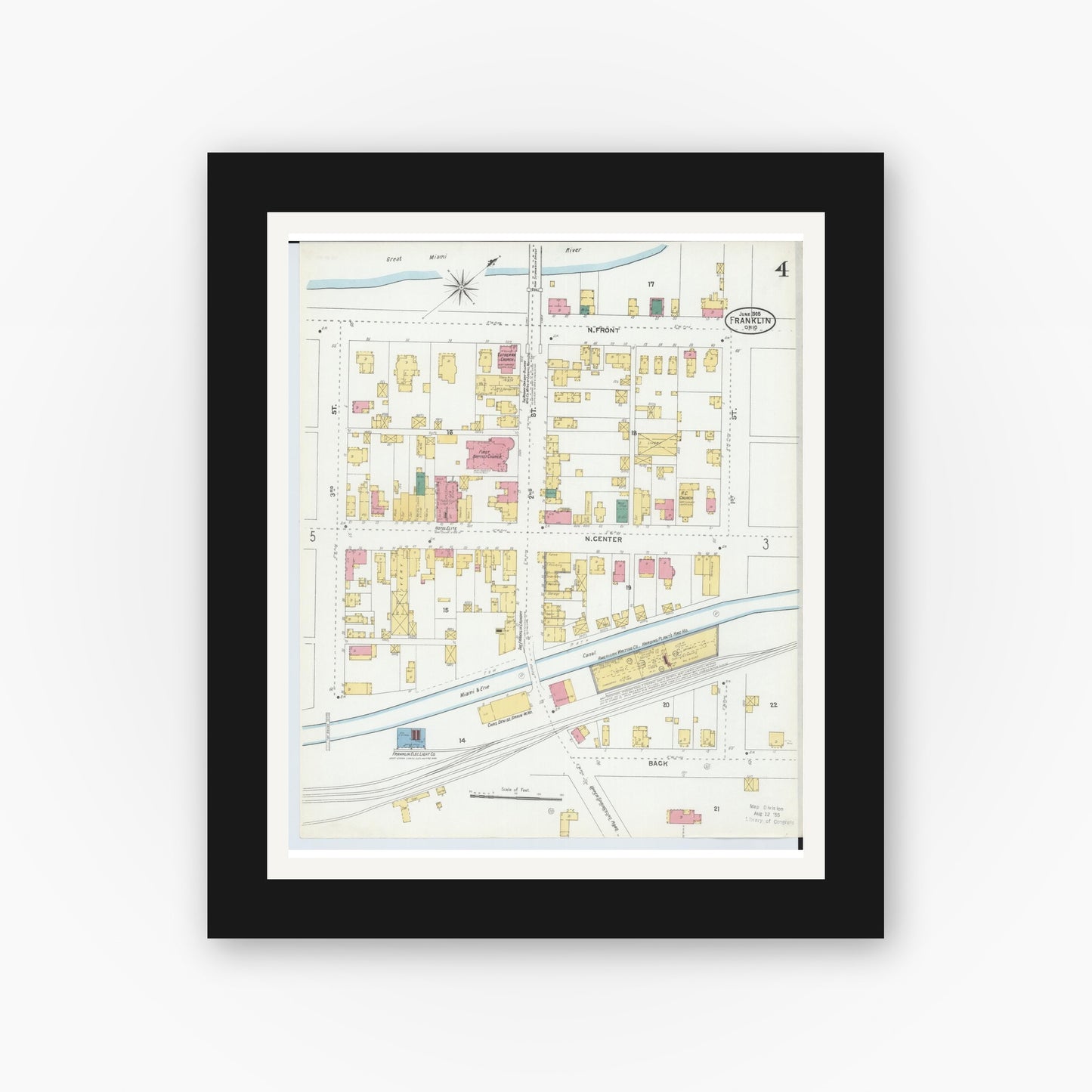 Old map wall art mockup — black gallery frame with white mat — Sanborn Fire Insurance Map from Franklin, Warren County, Ohio (1905), Sheet #0004