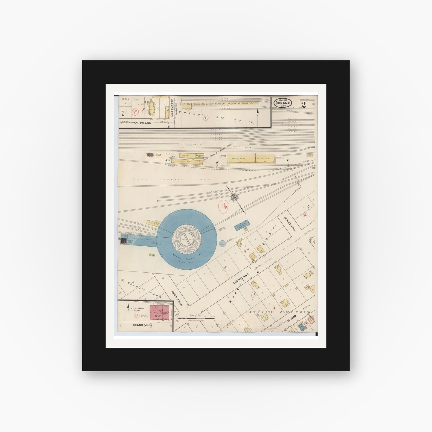 Old map wall art mockup — black gallery frame with white mat — Sanborn Fire Insurance Map from Durand, Shiawassee County, Michigan (1944), Sheet #0002