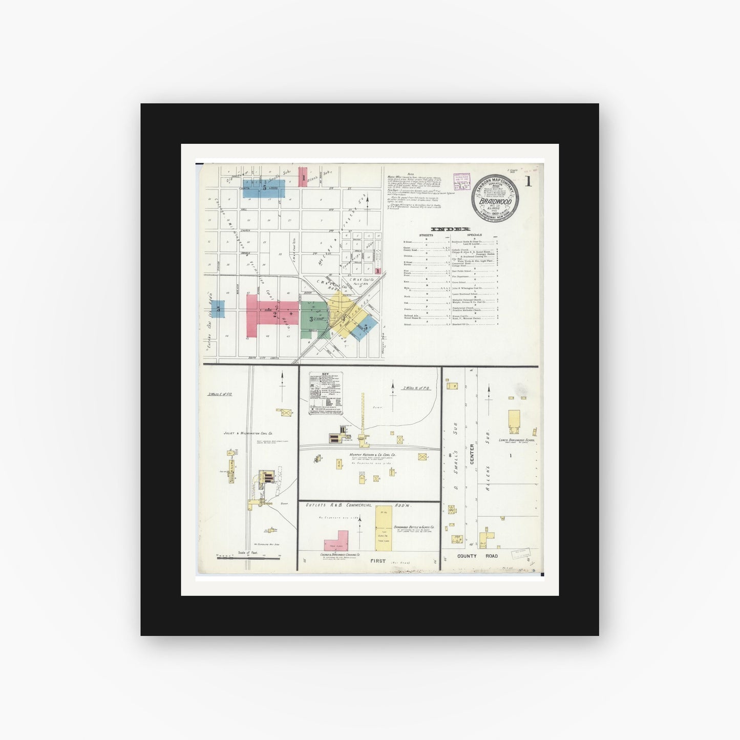 Old map wall art mockup — black gallery frame with white mat — Sanborn Fire Insurance Map from Braidwood, Will County, Illinois (1907) - Complete Map Set