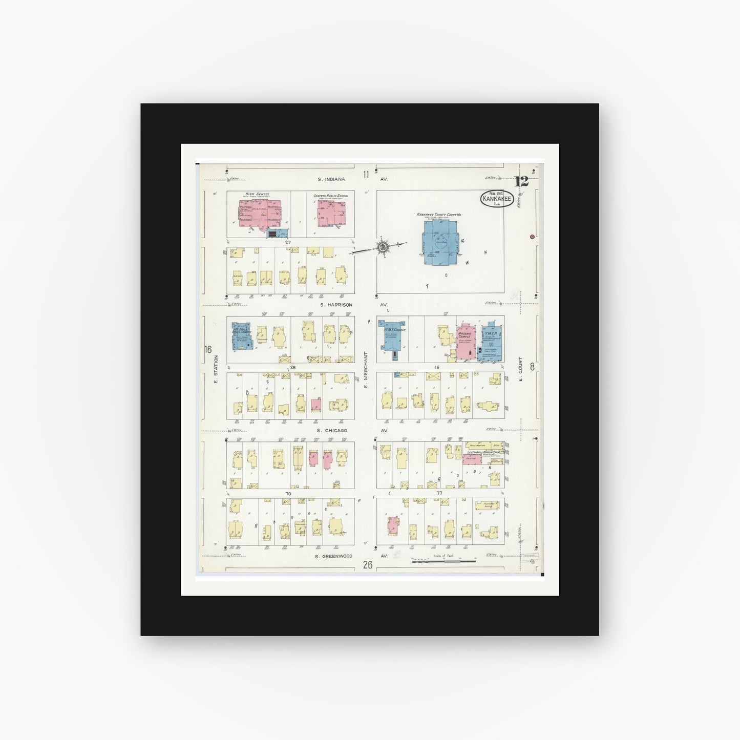 Old map wall art mockup — black gallery frame with white mat — Sanborn Fire Insurance Map from Kankakee, Kankakee County, Illinois (1914), Sheet #0012