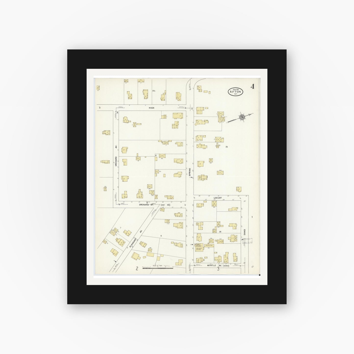 Old map wall art mockup — black gallery frame with white mat — Sanborn Fire Insurance Map from Afton, Chenango County, New York (1912), Sheet #0004