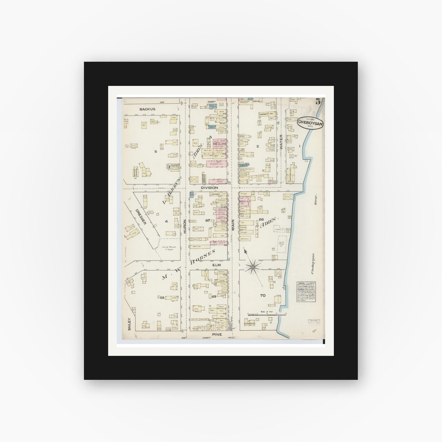 Old map wall art mockup — black gallery frame with white mat — Sanborn Fire Insurance Map from Cheboygan, Cheboygan County, Michigan (1884), Sheet #0005