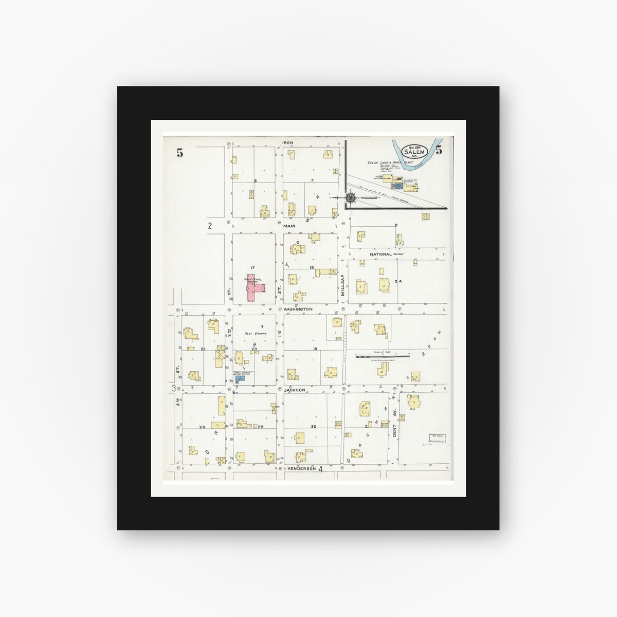 Old map wall art mockup — black gallery frame with white mat — Sanborn Fire Insurance Map from Salem, Dent County, Missouri (1924), Sheet #0005