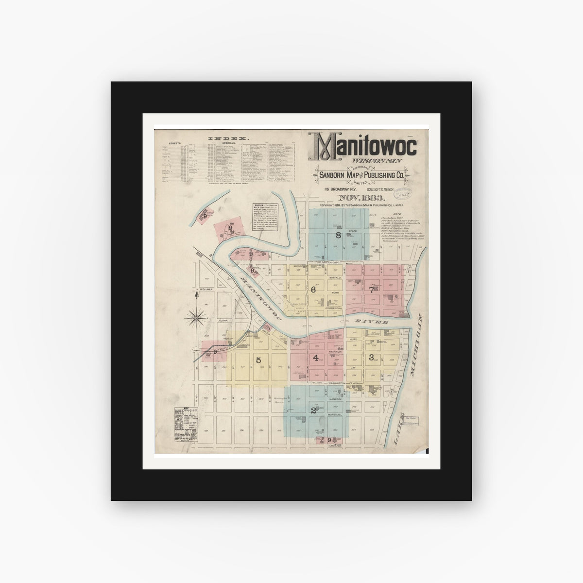 Old map wall art mockup — black gallery frame with white mat — Sanborn Fire Insurance Map from Manitowoc, Manitowoc County, Wisconsin (1883) - Complete Map Set