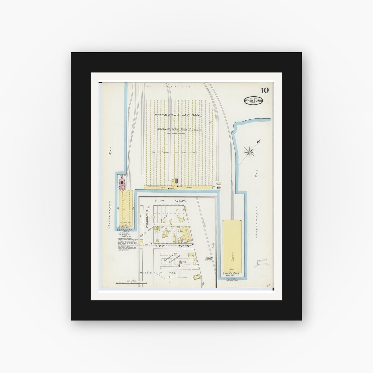 Old map wall art mockup — black gallery frame with white mat — Sanborn Fire Insurance Map from Washburn, Bayfield County, Wisconsin (1893), Sheet #0010