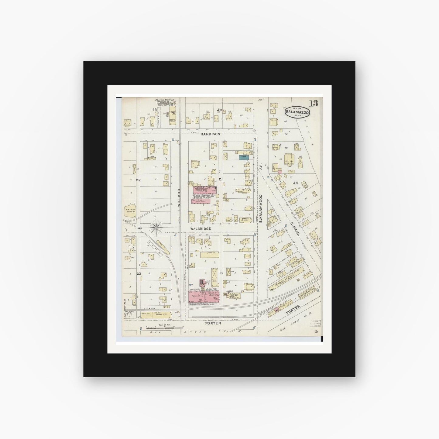 Old map wall art mockup — black gallery frame with white mat — Sanborn Fire Insurance Map from Kalamazoo, Kalamazoo County, Michigan (1891), Sheet #0013