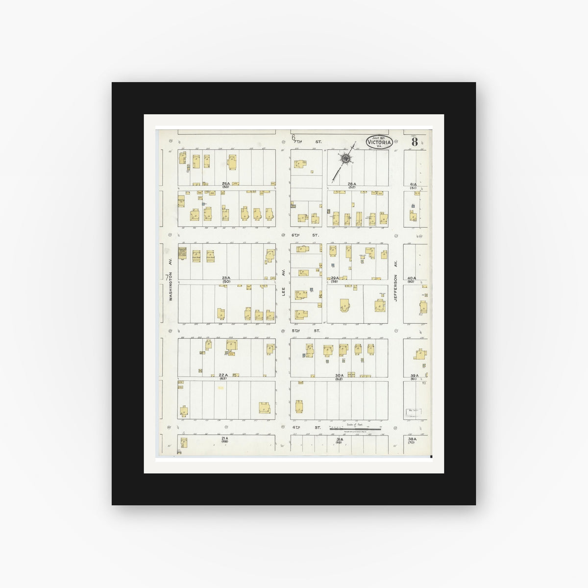 Old map wall art mockup — black gallery frame with white mat — Sanborn Fire Insurance Map from Victoria, Lunenburg County, Virginia (1921), Sheet #0008