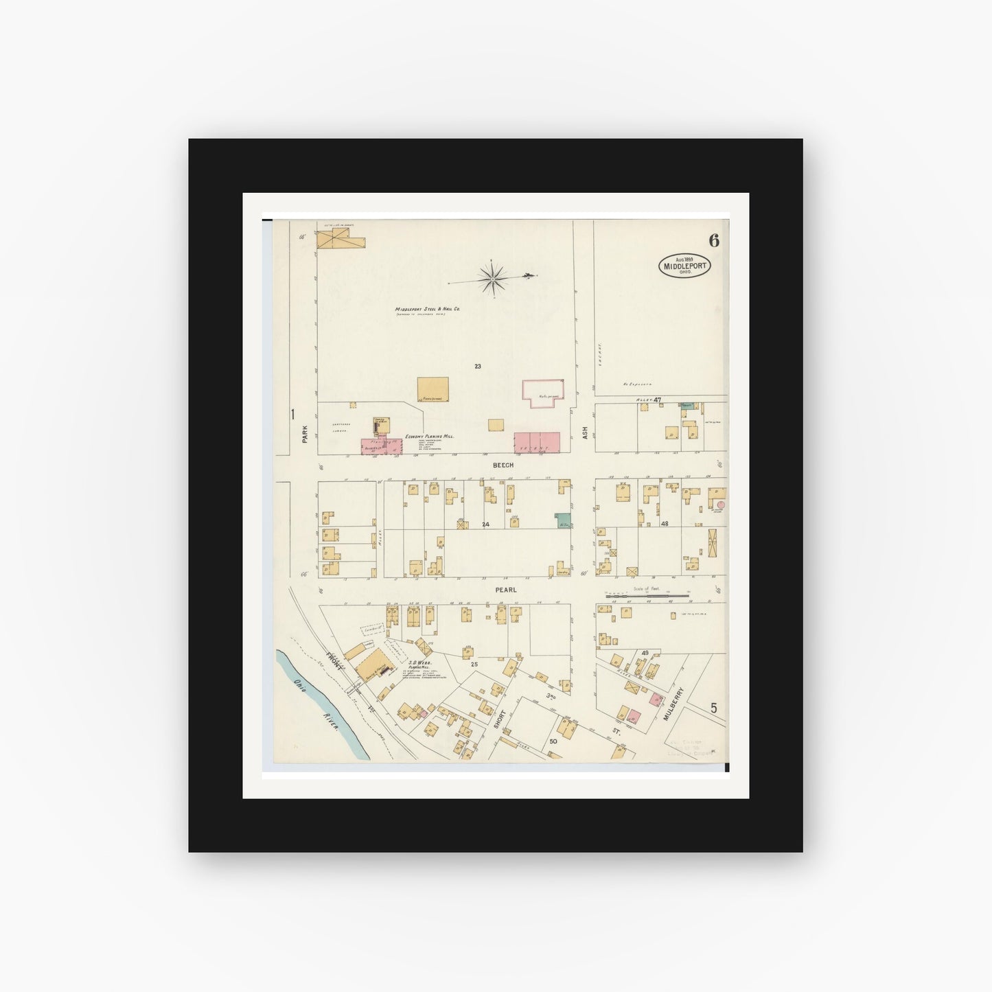 Old map wall art mockup — black gallery frame with white mat — Sanborn Fire Insurance Map from Middleport, Meigs County, Ohio (1899), Sheet #0006
