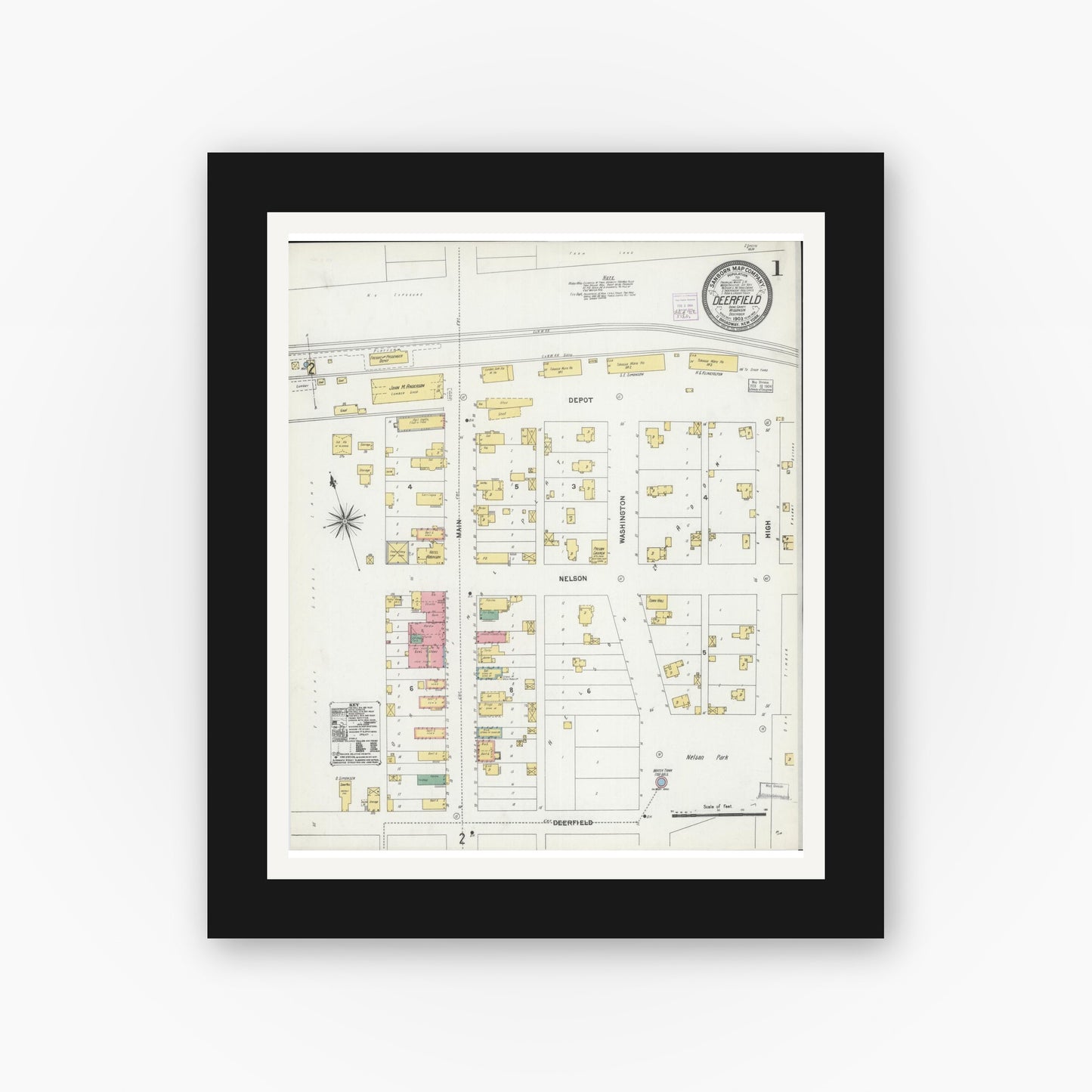 Old map wall art mockup — black gallery frame with white mat — Sanborn Fire Insurance Map from Deerfield, Dane County, Wisconsin (1903), Sheet #0001