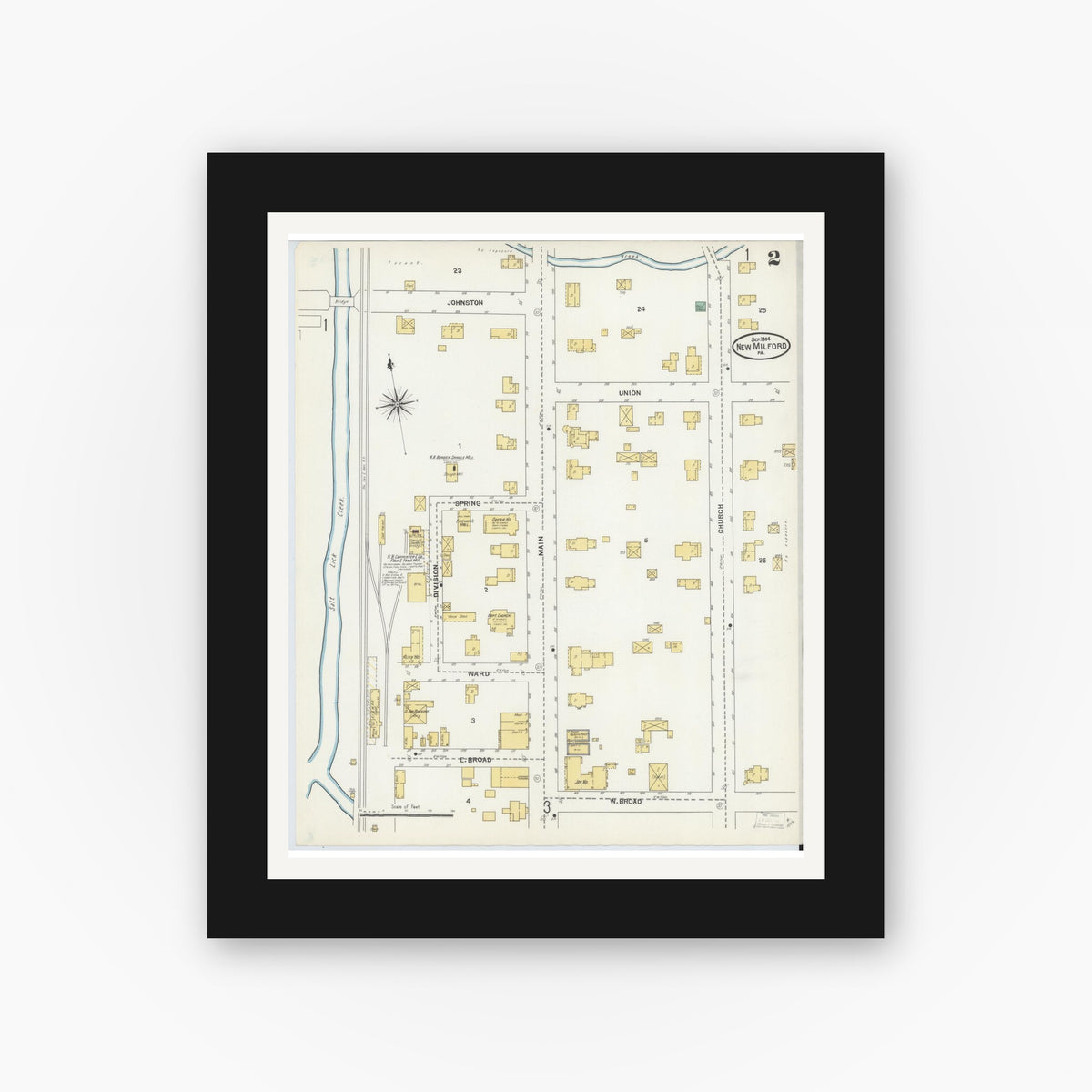 Old map wall art mockup — black gallery frame with white mat — Sanborn Fire Insurance Map from New Milford, Susquehanna County, Pennsylvania (1904), Sheet #0002