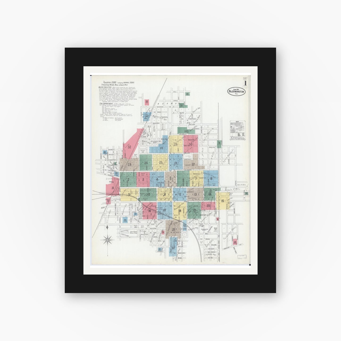 Old map wall art mockup — black gallery frame with white mat — Sanborn Fire Insurance Map from Bloomington, McLean County, Illinois (1901), Sheet #0001