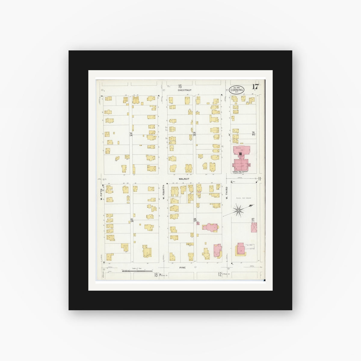 Old map wall art mockup — black gallery frame with white mat — Sanborn Fire Insurance Map from Corning, Steuben County, New York (1908), Sheet #0017