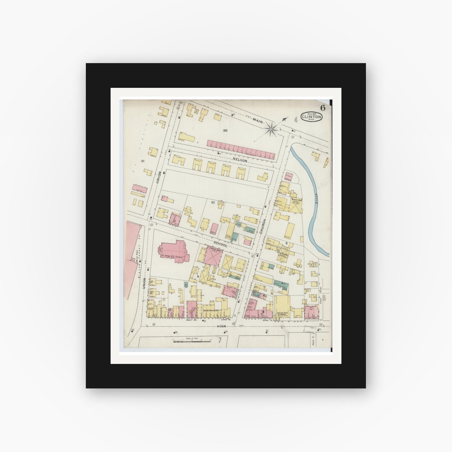 Old map wall art mockup — black gallery frame with white mat — Sanborn Fire Insurance Map from Clinton, Worcester County, Massachusetts (1894), Sheet #0006