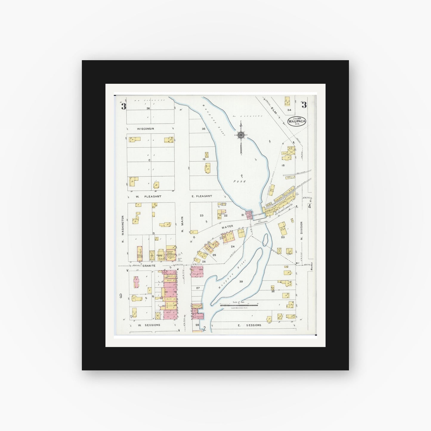 Old map wall art mockup — black gallery frame with white mat — Sanborn Fire Insurance Map from Waupaca, Waupaca County, Wisconsin (1924), Sheet #0003