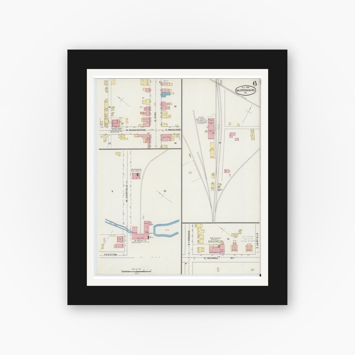 Old map wall art mockup — black gallery frame with white mat — Sanborn Fire Insurance Map from Shippensburg, Cumberland And Franklin Counties, Pennsylvania (1894), Sheet #0006