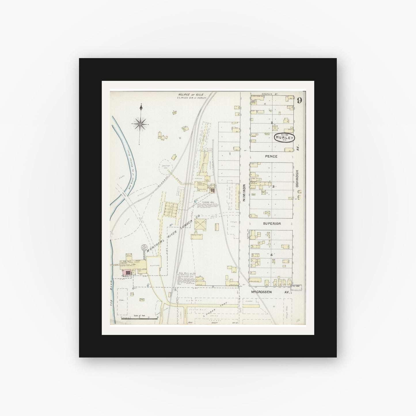 Old map wall art mockup — black gallery frame with white mat — Sanborn Fire Insurance Map from Hurley, Iron County, Wisconsin (1891), Sheet #0009