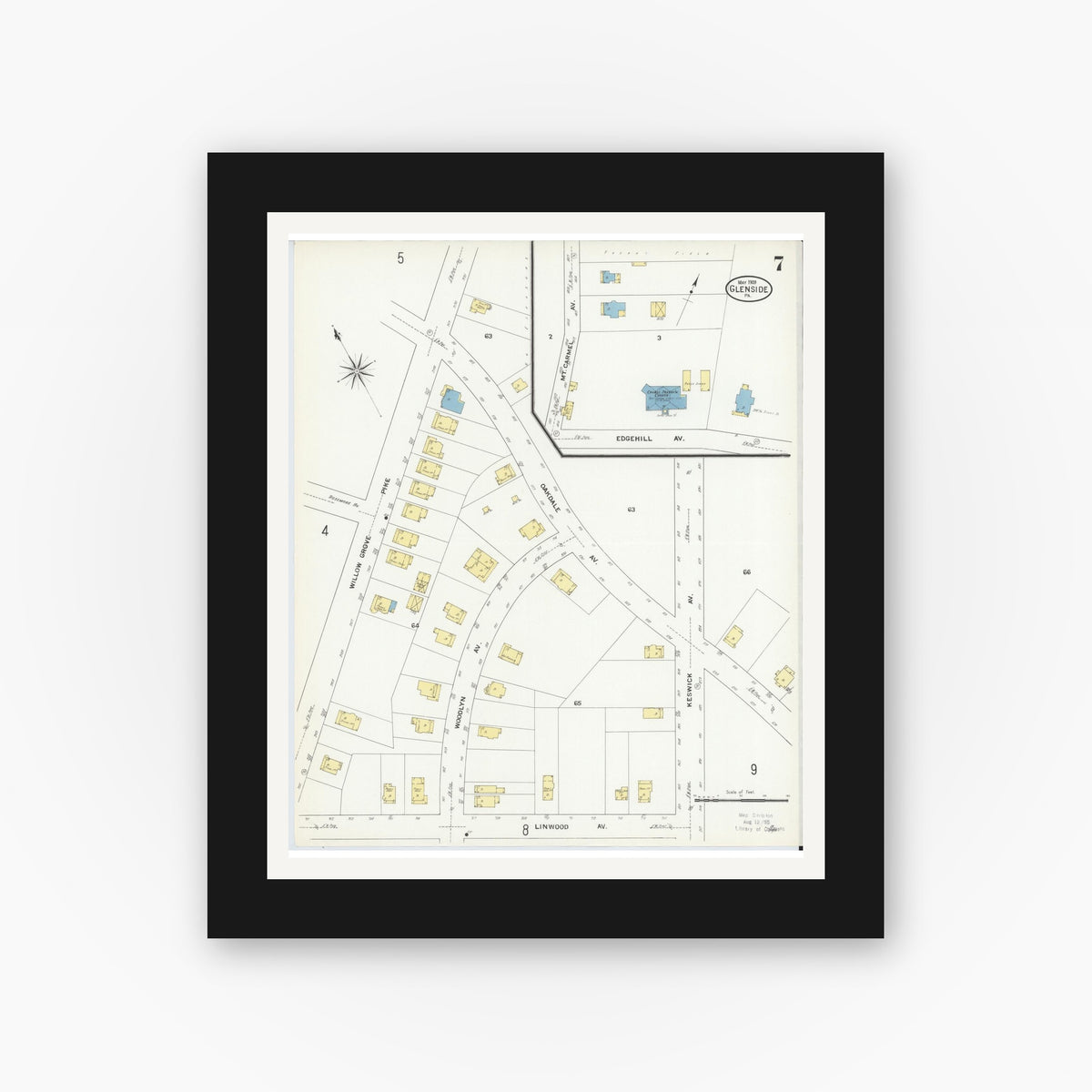 Old map wall art mockup — black gallery frame with white mat — Sanborn Fire Insurance Map from Glenside, Montgomery County, Pennsylvania (1909), Sheet #0007