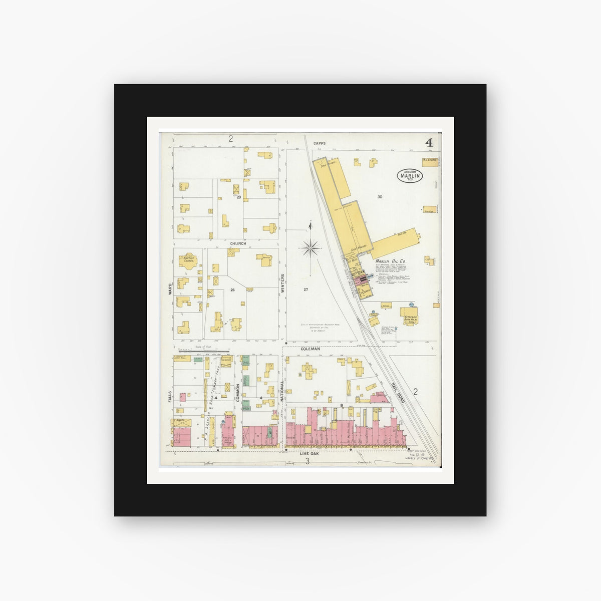Old map wall art mockup — black gallery frame with white mat — Sanborn Fire Insurance Map from Marlin, Falls County, Texas (1899), Sheet #0004