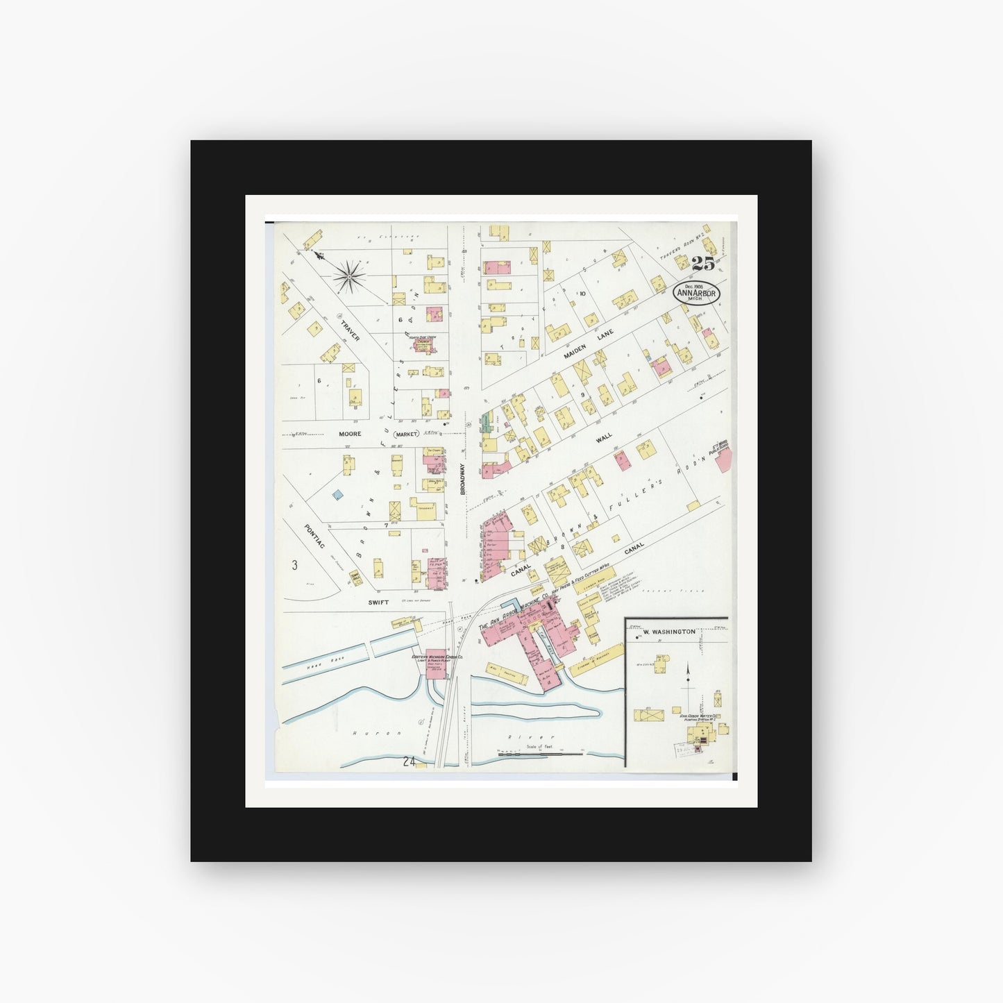 Old map wall art mockup — black gallery frame with white mat — Sanborn Fire Insurance Map from Ann Arbor, Washtenaw County, Michigan (1908), Sheet #0025