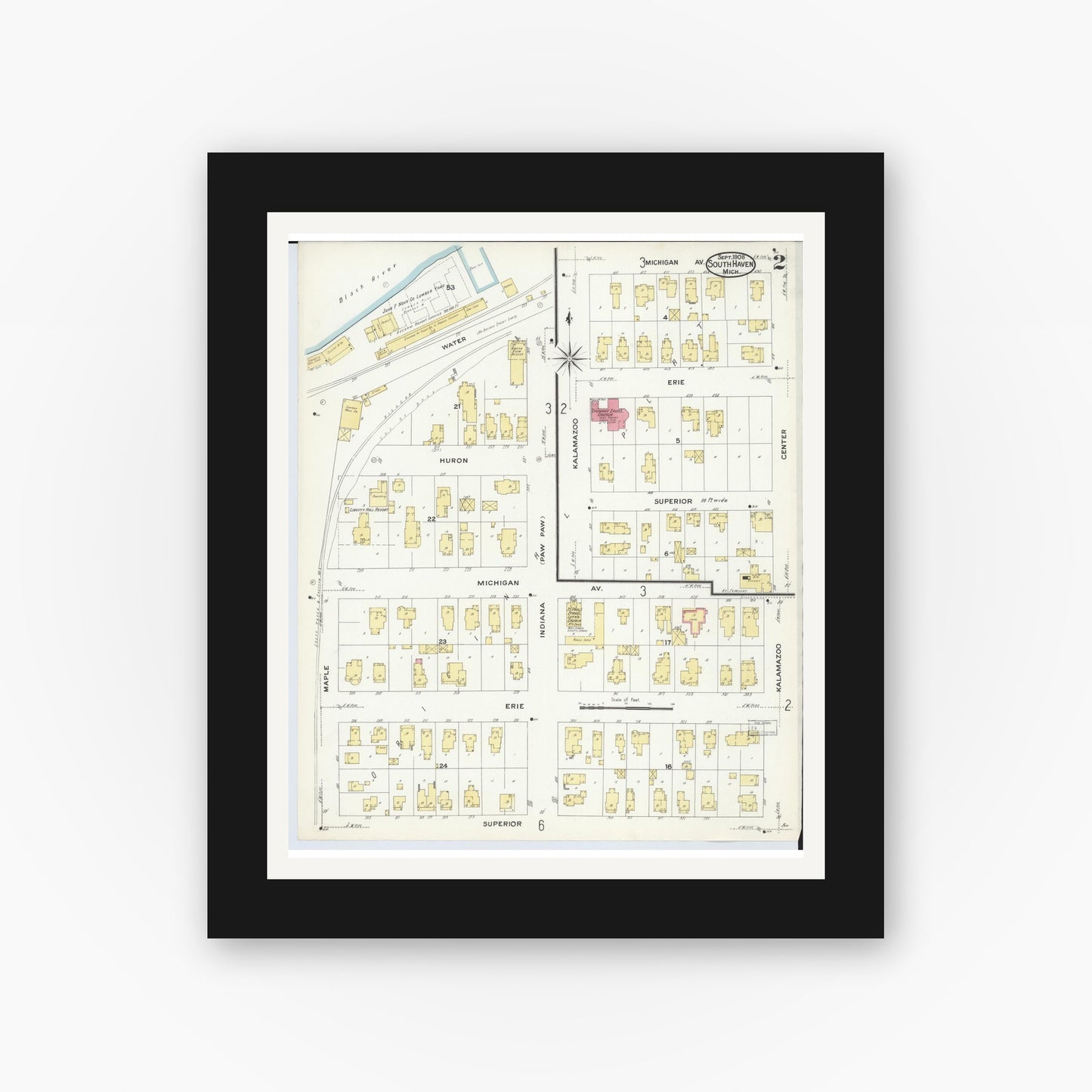 Old map wall art mockup — black gallery frame with white mat — Sanborn Fire Insurance Map from South Haven, Van Buren County, Michigan (1908), Sheet #0002