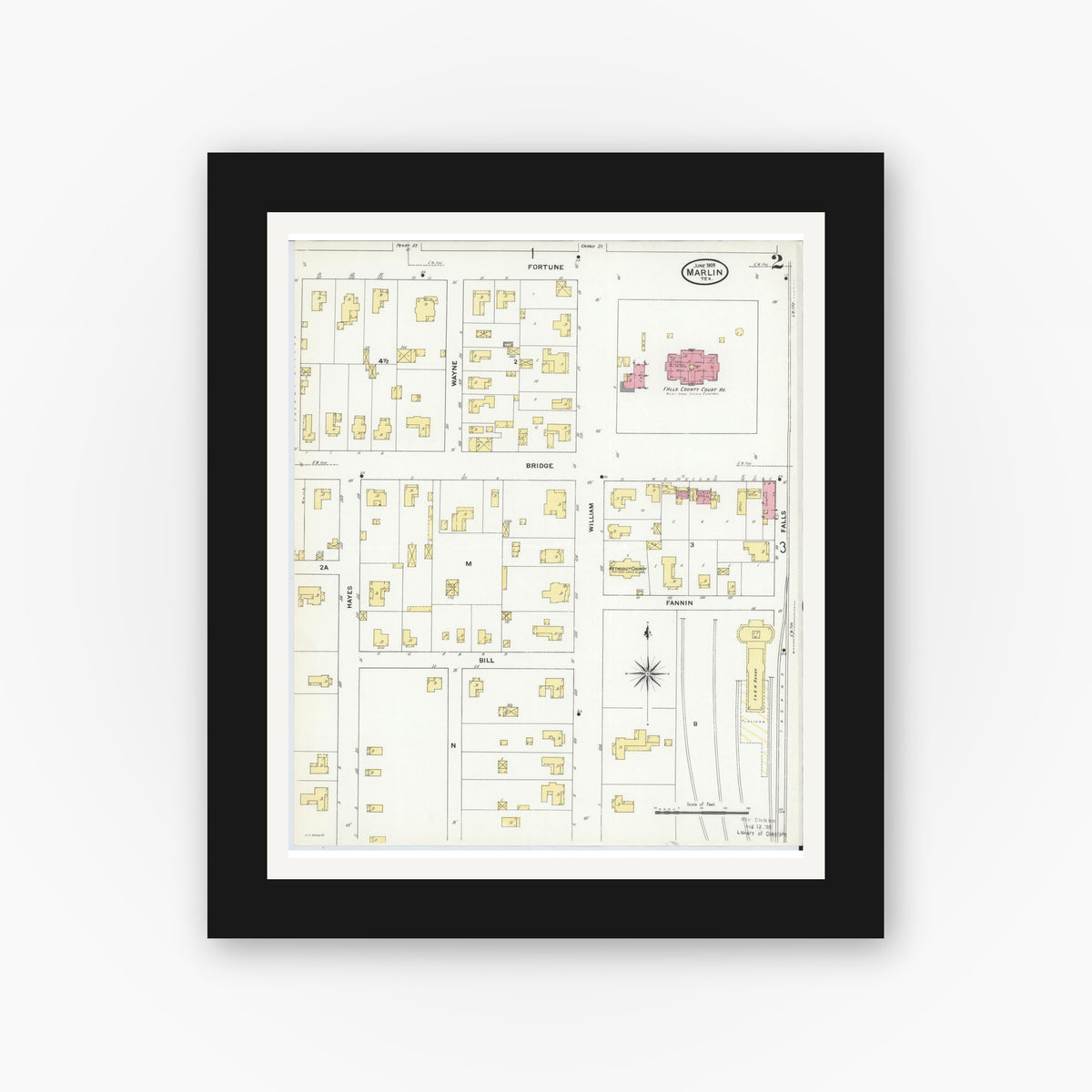 Old map wall art mockup — black gallery frame with white mat — Sanborn Fire Insurance Map from Marlin, Falls County, Texas (1909), Sheet #0002