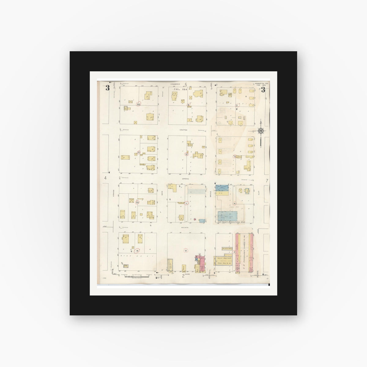 Old map wall art mockup — black gallery frame with white mat — Sanborn Fire Insurance Map from Henrietta, Clay County, Texas (1944), Sheet #0003