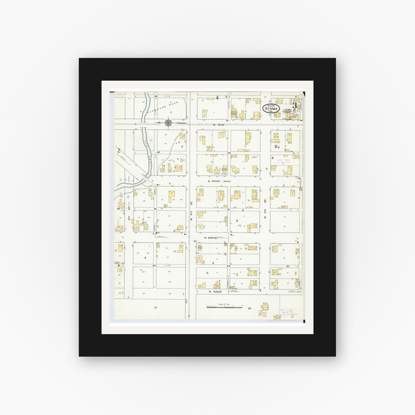Old map wall art mockup — black gallery frame with white mat — Sanborn Fire Insurance Map from Ottawa, Putnam County, Ohio (1911), Sheet #0003