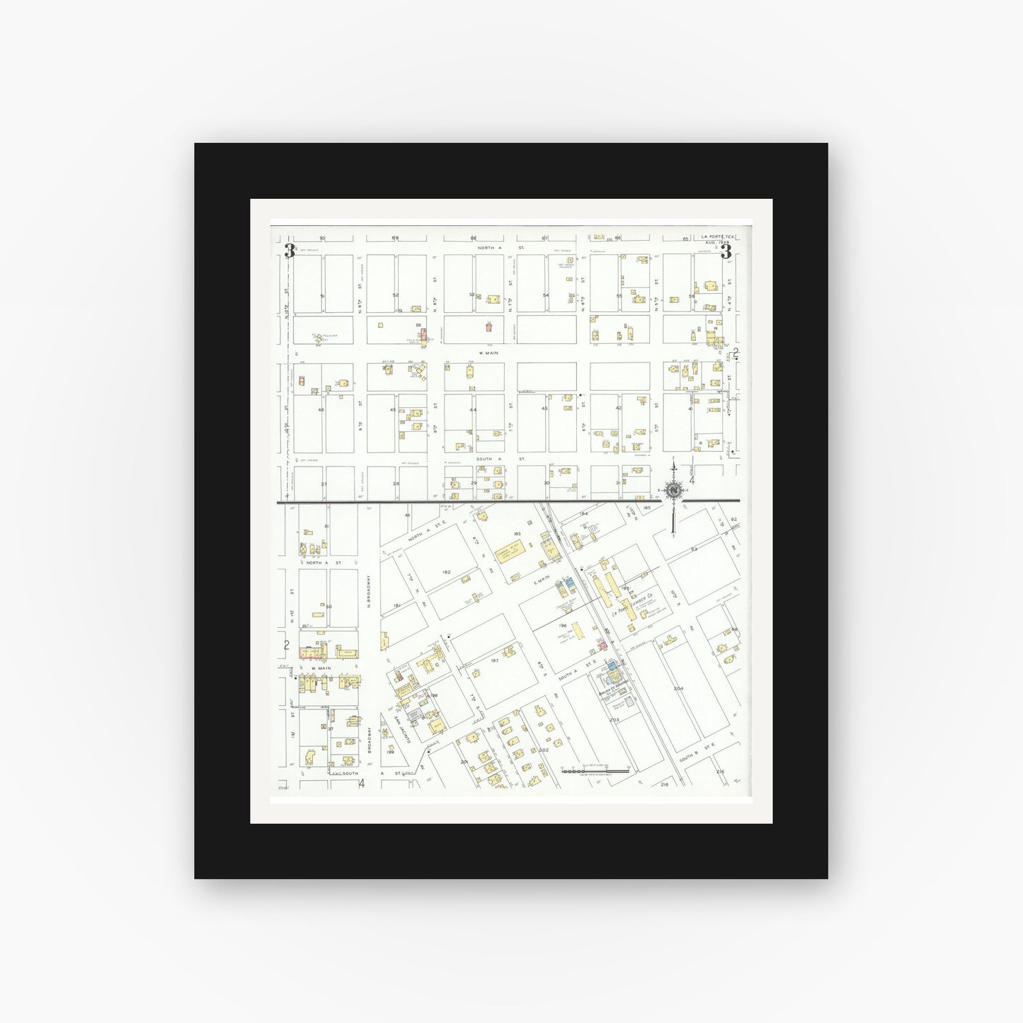 Old map wall art mockup — black gallery frame with white mat — Sanborn Fire Insurance Map from La Porte, Harris County, Texas (1939), Sheet #0003