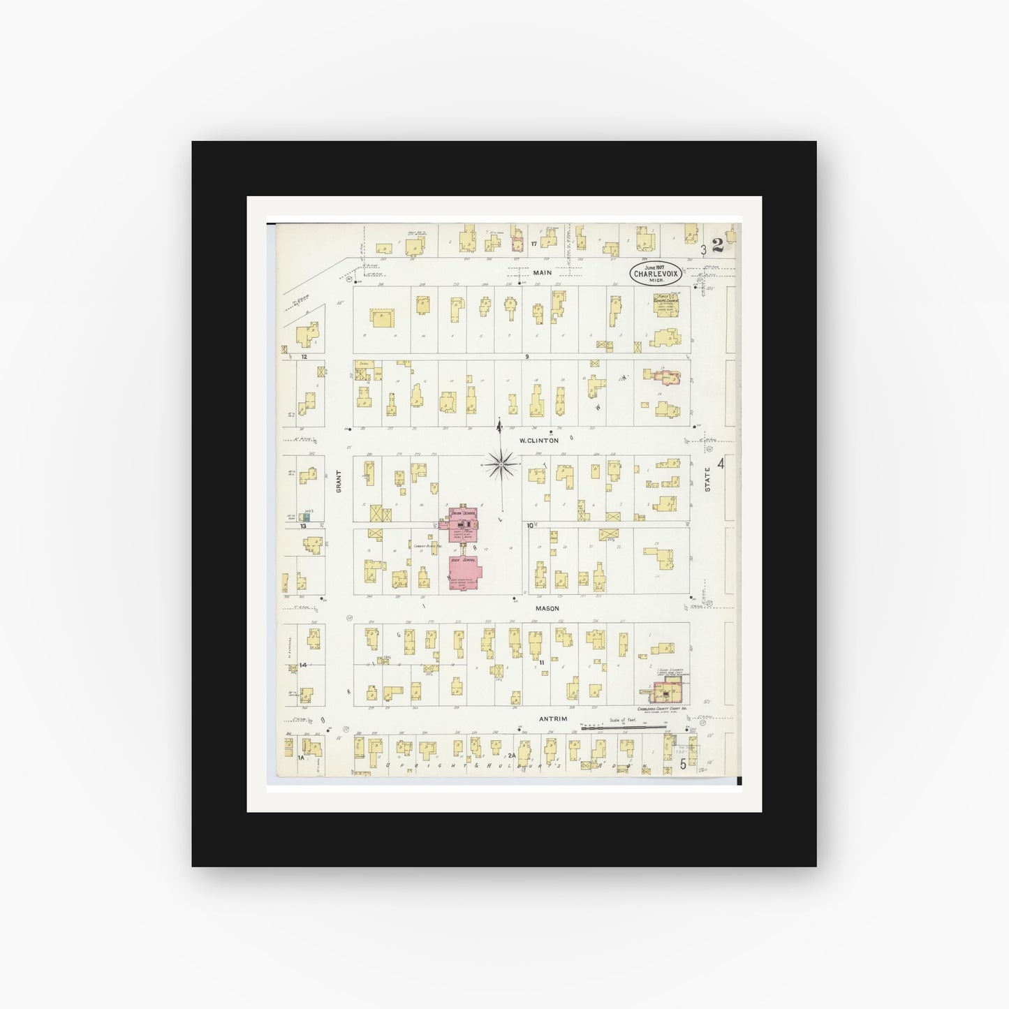 Old map wall art mockup — black gallery frame with white mat — Sanborn Fire Insurance Map from Charlevoix, Charlevoix County, Michigan (1907), Sheet #0002