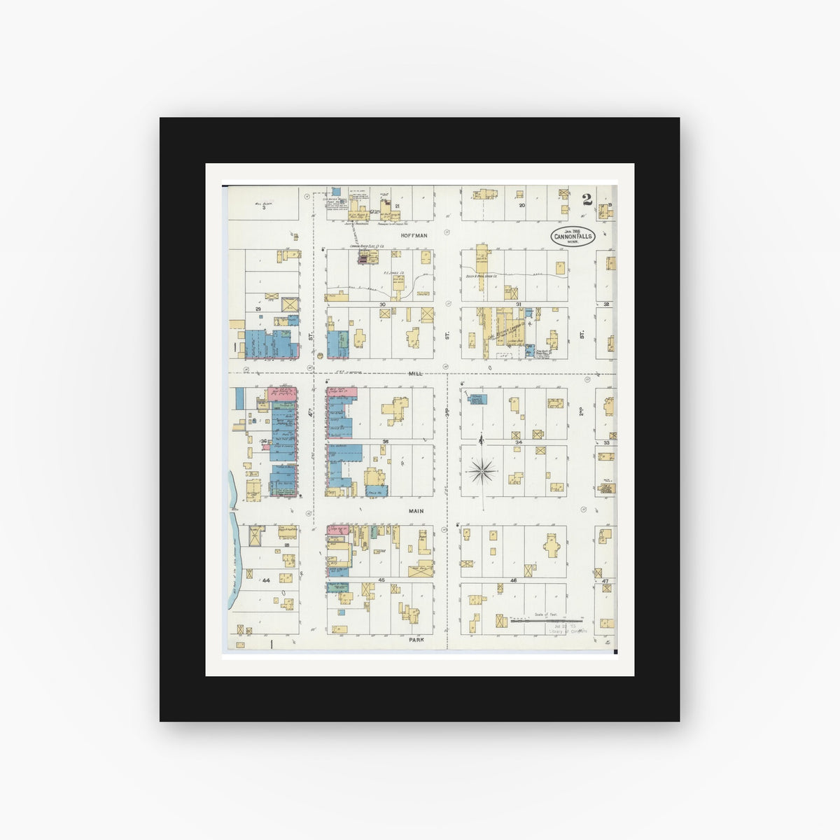 Old map wall art mockup — black gallery frame with white mat — Sanborn Fire Insurance Map from Cannon Falls, Goodhue County, Minnesota (1905), Sheet #0002