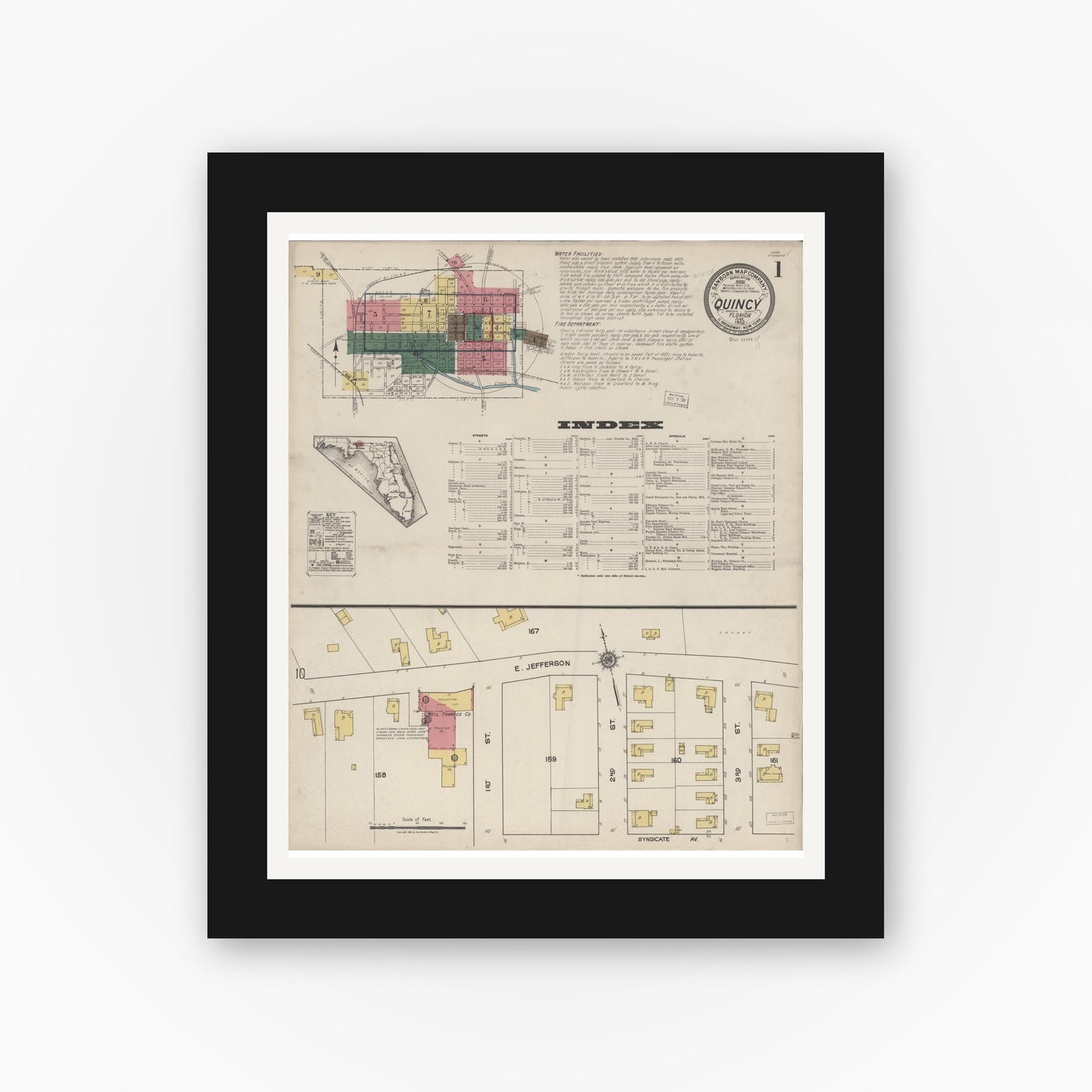 Old map wall art mockup — black gallery frame with white mat — Sanborn Fire Insurance Map from Quincy, Gadsden County, Florida (1922) - Complete Map Set