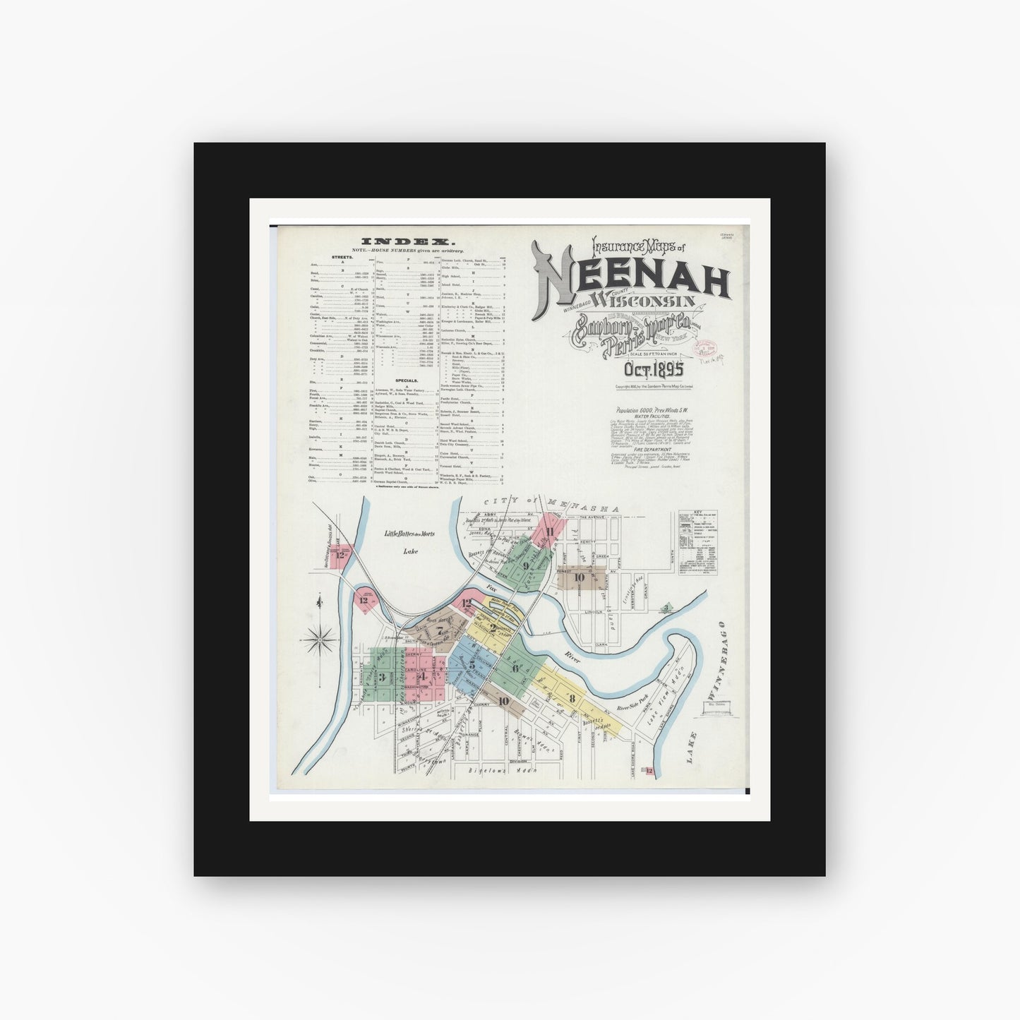Old map wall art mockup — black gallery frame with white mat — Sanborn Fire Insurance Map from Neenah, Winnebago County, Wisconsin (1895) - Complete Map Set