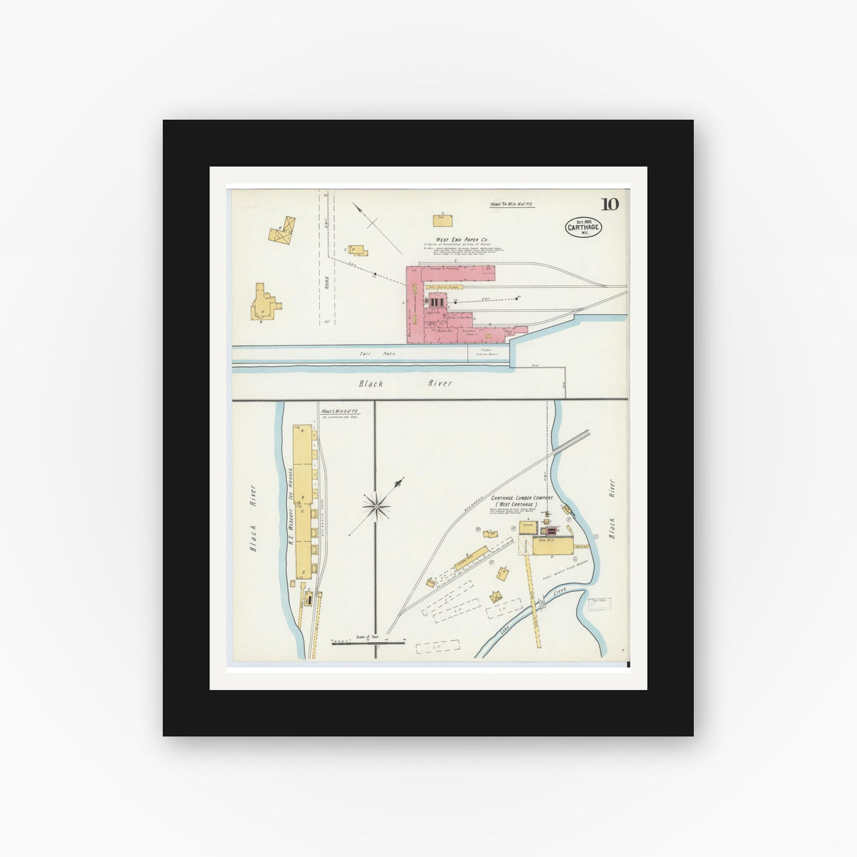 Old map wall art mockup — black gallery frame with white mat — Sanborn Fire Insurance Map from Carthage, Jefferson County, New York (1902), Sheet #0010
