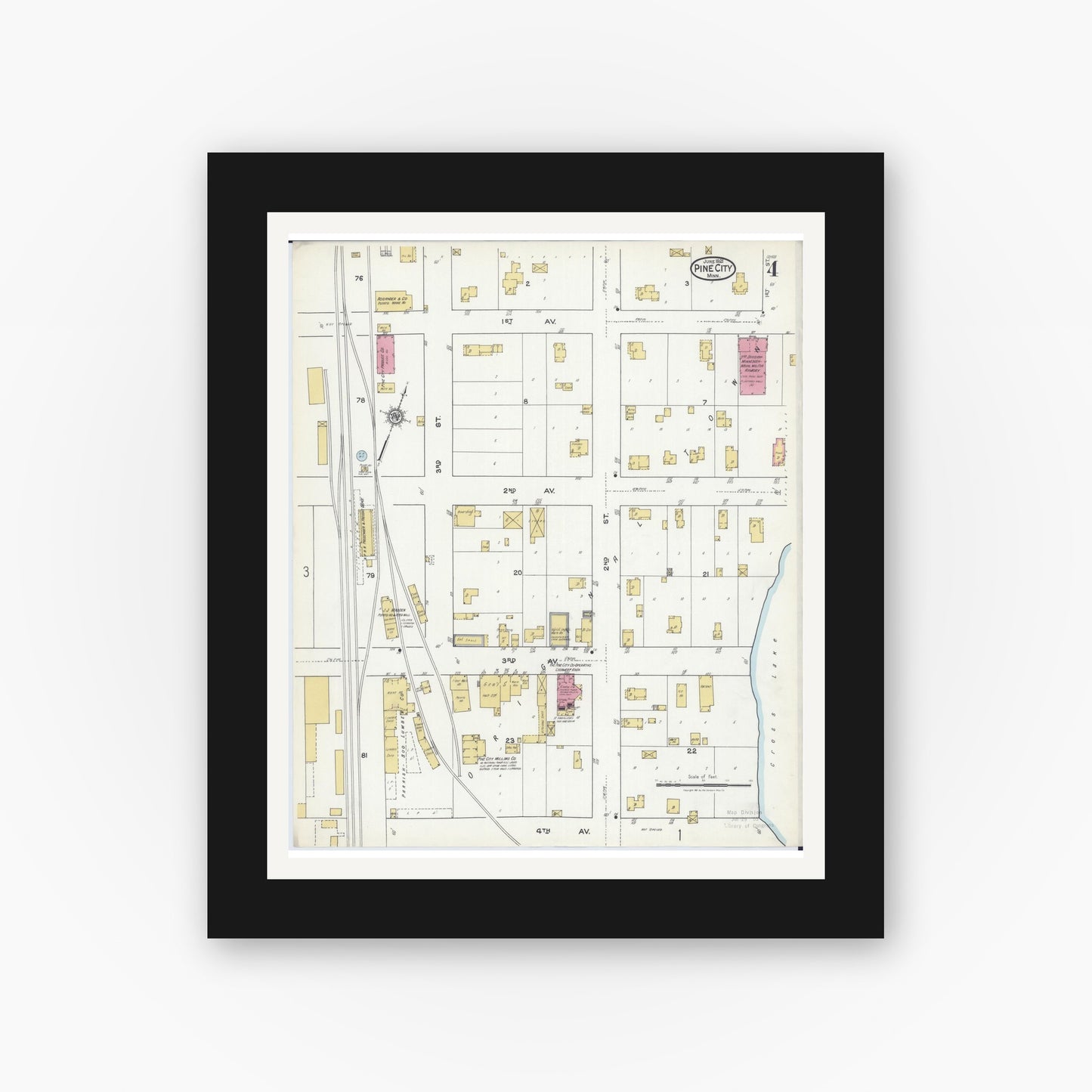 Old map wall art mockup — black gallery frame with white mat — Sanborn Fire Insurance Map from Pine City, Pine County, Minnesota (1921), Sheet #0004