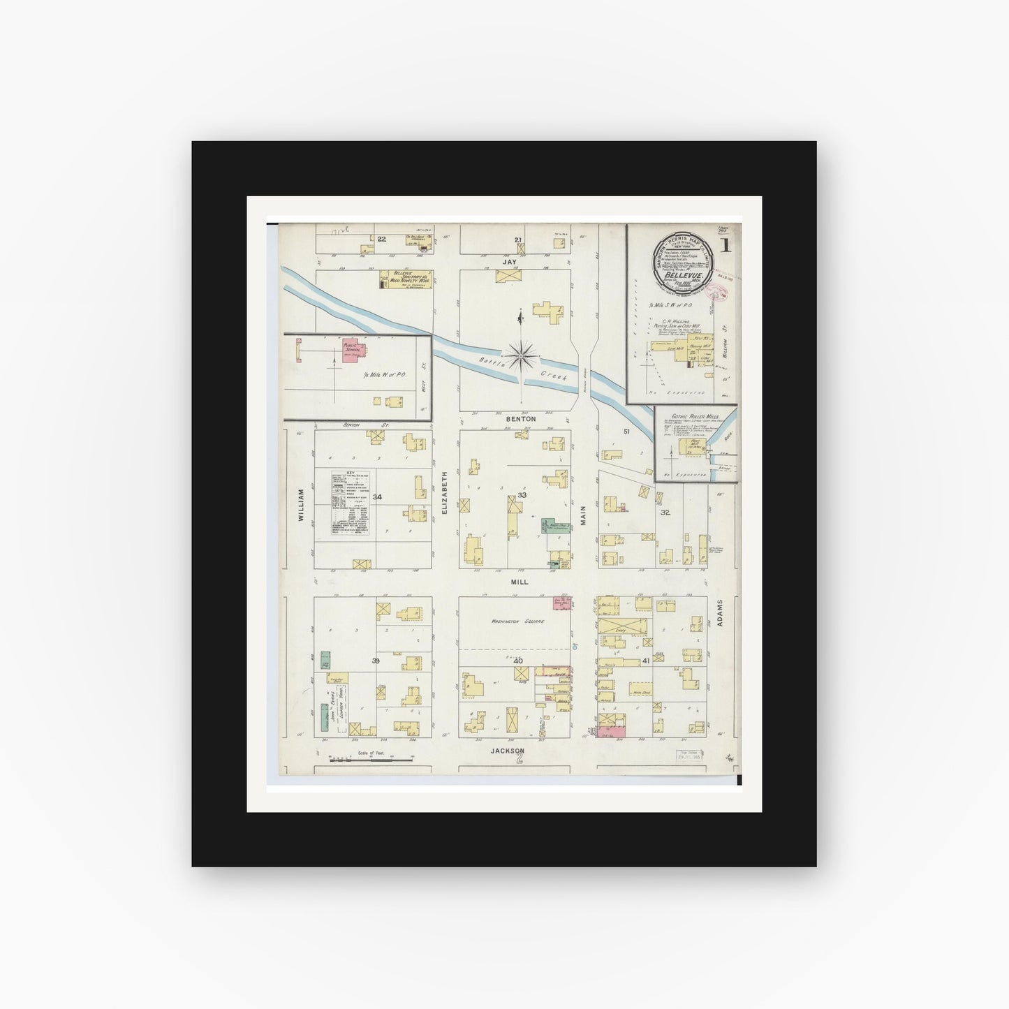 Old map wall art mockup — black gallery frame with white mat — Sanborn Fire Insurance Map from Bellevue, Eaton County, Michigan (1895) - Complete Map Set