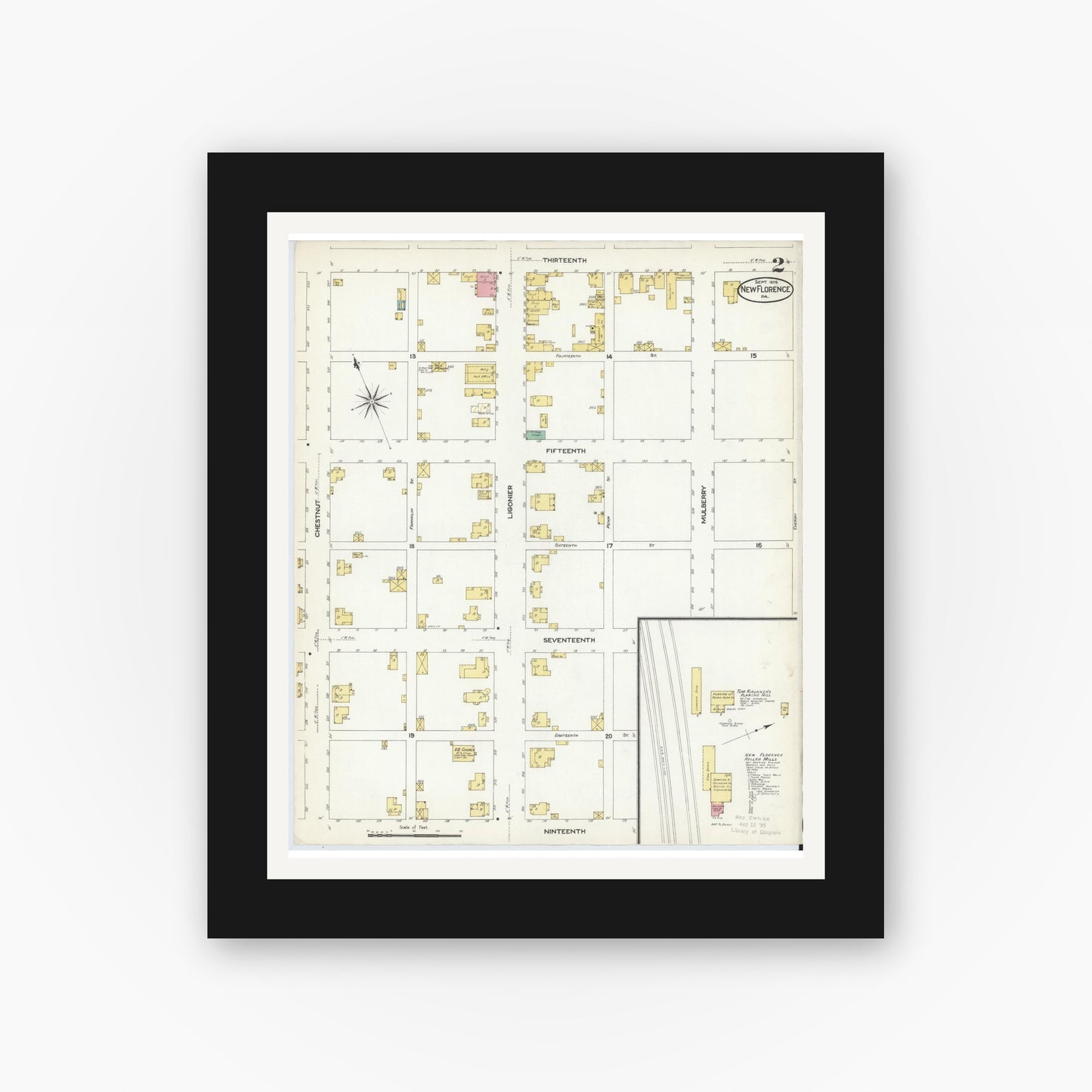 Old map wall art mockup — black gallery frame with white mat — Sanborn Fire Insurance Map from New Florence, Westmoreland County, Pennsylvania (1908), Sheet #0002