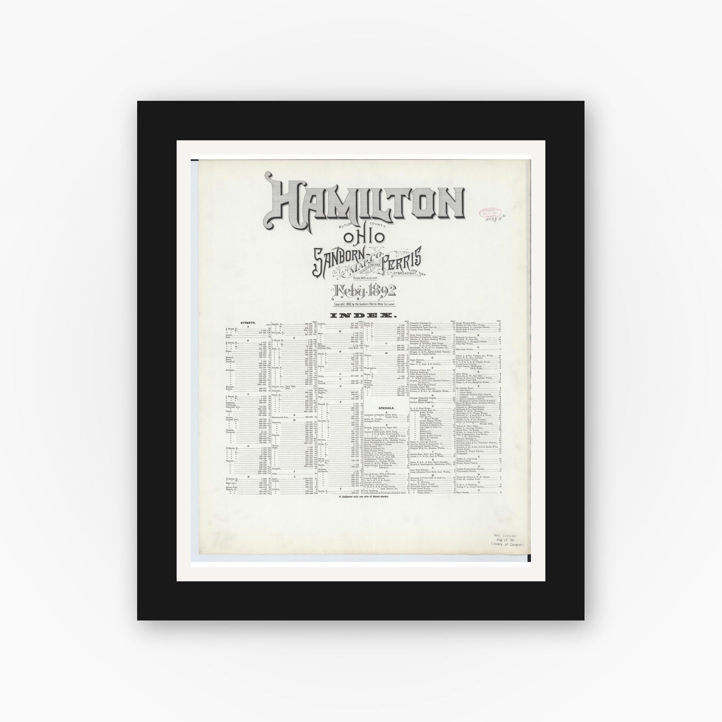 Old map wall art mockup — black gallery frame with white mat — Sanborn Fire Insurance Map from Hamilton, Butler County, Ohio (1892), Sheet #0001