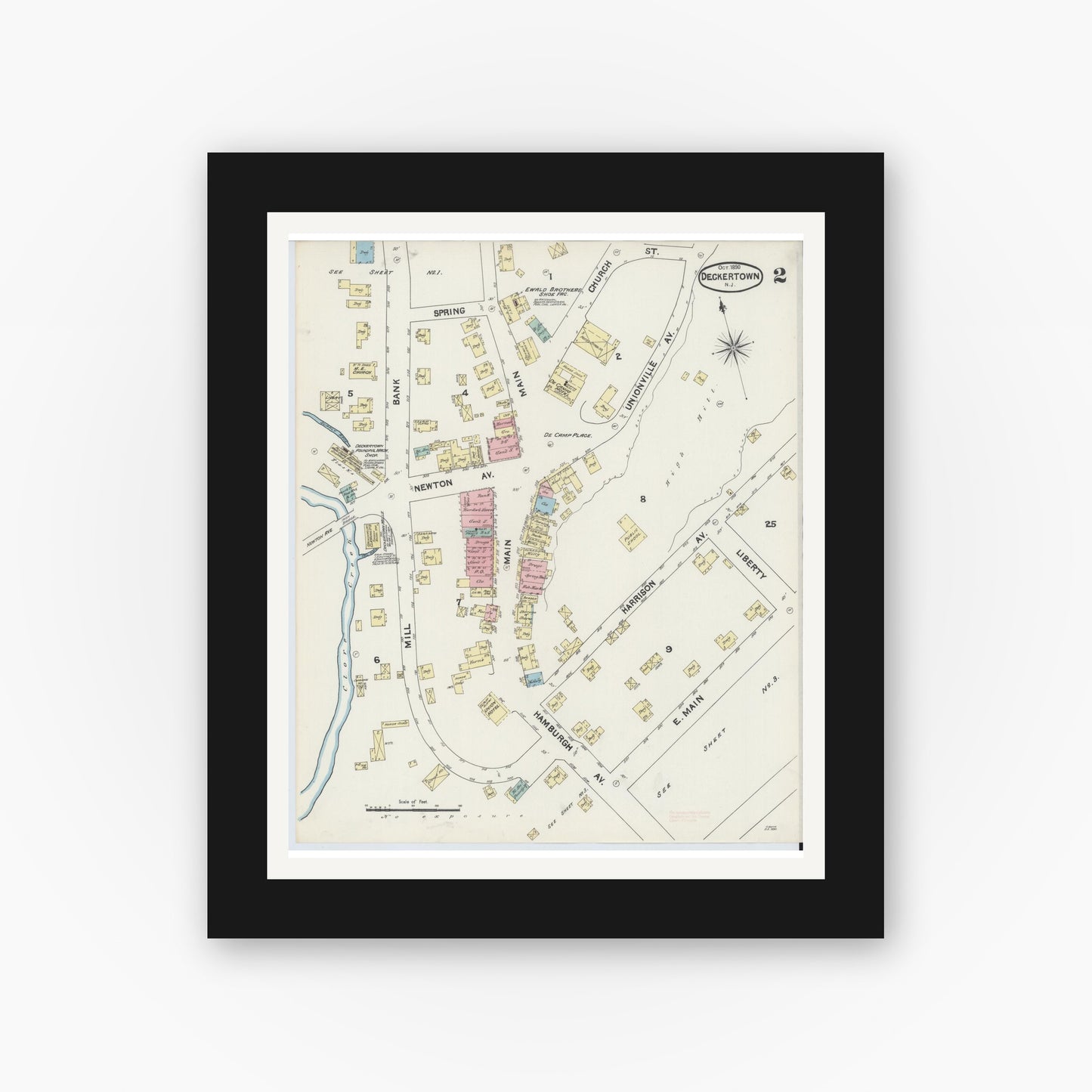 Old map wall art mockup — black gallery frame with white mat — Sanborn Fire Insurance Map from Deckertown, Sussex County, New Jersey (1890), Sheet #0002