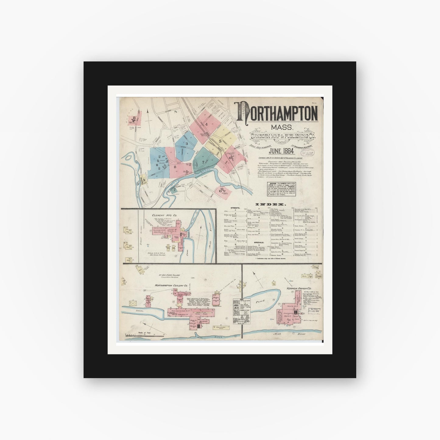 Old map wall art mockup — black gallery frame with white mat — Sanborn Fire Insurance Map from Northampton, Hampshire County, Massachusetts (1884), Sheet #0001