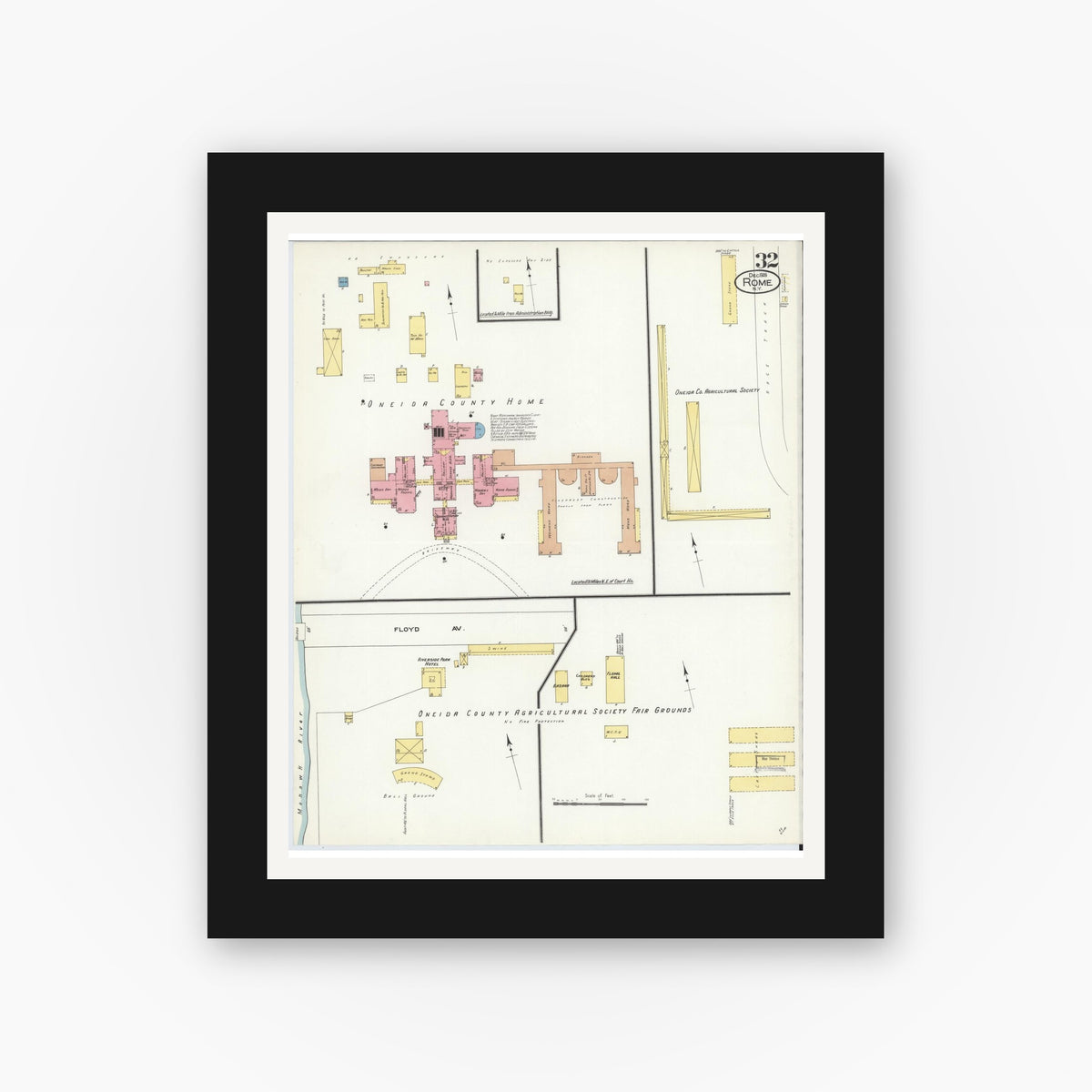Old map wall art mockup — black gallery frame with white mat — Sanborn Fire Insurance Map from Rome, Oneida County, New York (1909), Sheet #0032