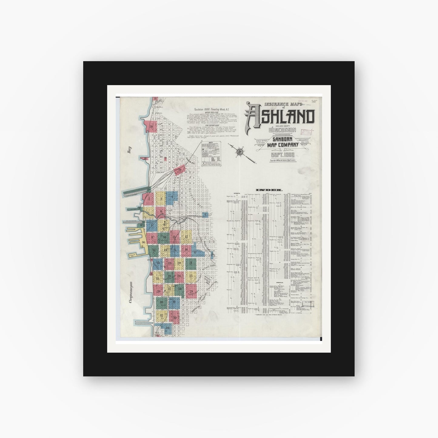 Old map wall art mockup — black gallery frame with white mat — Sanborn Fire Insurance Map from Ashland, Ashland County, Wisconsin (1909) - Complete Map Set