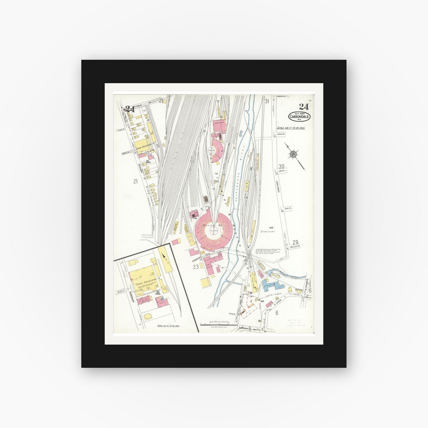 Old map wall art mockup — black gallery frame with white mat — Sanborn Fire Insurance Map from Carbondale, Lackawanna County, Pennsylvania (1923), Sheet #0024